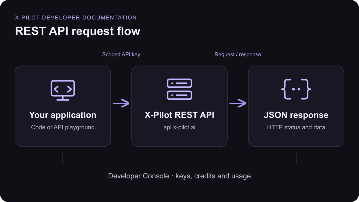 An application sends a scoped API key to the X-Pilot REST API and receives an HTTP status and JSON response.
